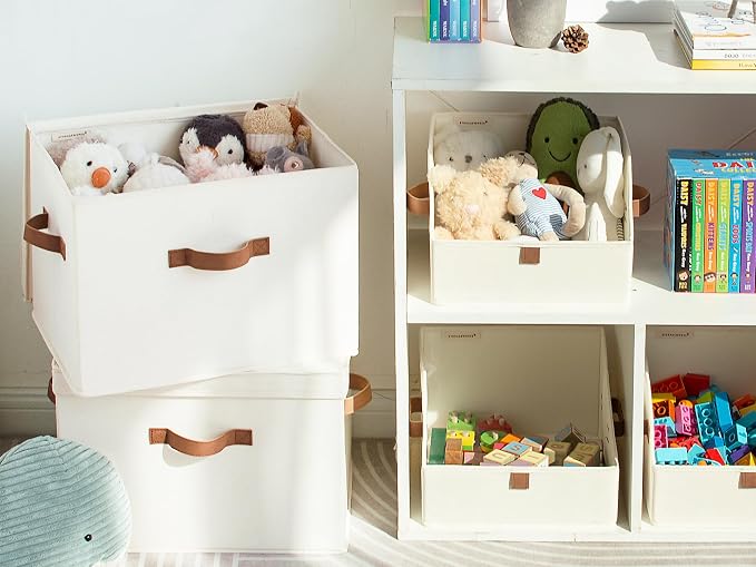 StorageWorks Fabric Storage Bins with Lid, Decorative Storage Boxes for Shelves, Stackable Closet Organizer Basket with Handles, Jumbo, Ivory White, 2-Pack - Image 7