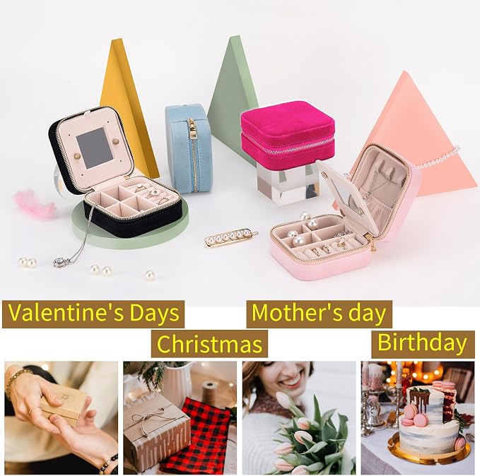 Smileshe Travel Velvet Jewelry Box with Mirror, Mini Gifts Case for Women Girls, Small Portable Organizer Boxes for Rings Earrings Necklaces Bracelets - Image 5