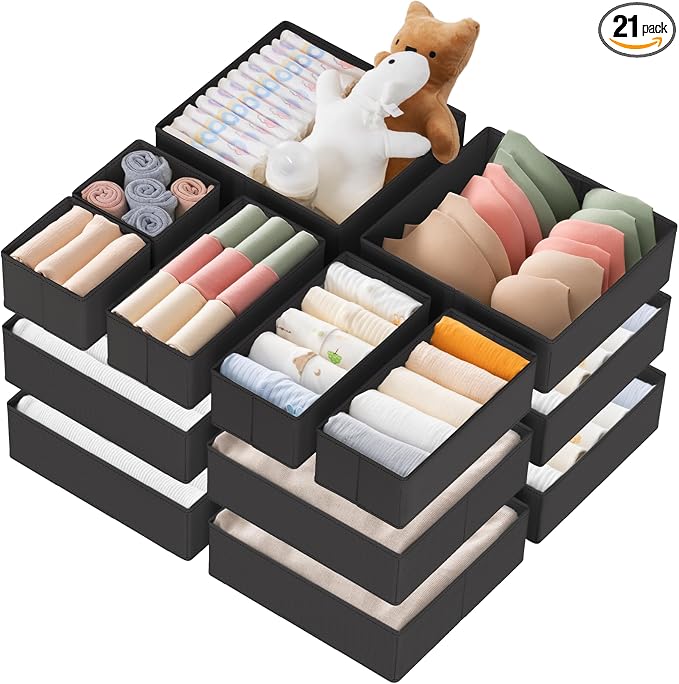 Criusia Drawer Organizer Clothes, 21 Pack Dresser Organizer for Baby Clothes, Underwear, Sock - Foldable Closet Organization and Storage Dividers Bins for Nursery, Bedroom (Black) by Criusia