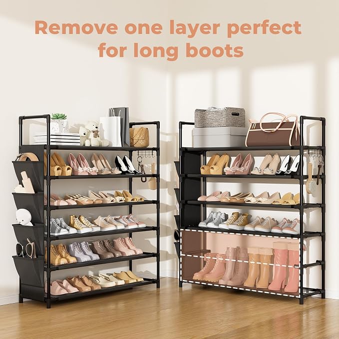 LANTEFUL 6 Tier Shoe Rack, Shoe Organizer Storage for 24-30 Pairs Shoe and Boot, Long Shoe Shelf with Hook and Side Pocket Free Standing Tall Shoe Rack Organizer for Closet, Entryway, Dorm - Image 6
