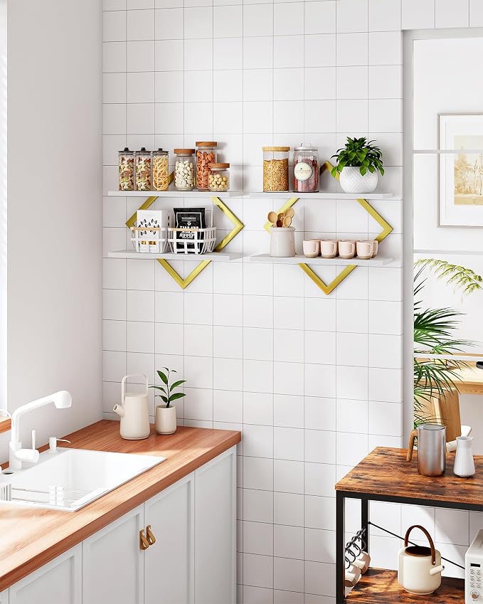 CHOEZON Floating Shelves for Wall, Set of 2 Wall Mounted Shelves, 2-Tier Hanging Shelves, for Living Room, Bedroom, Kitchen, Office, Study, Gold and White TBJ01P2JW - Image 7