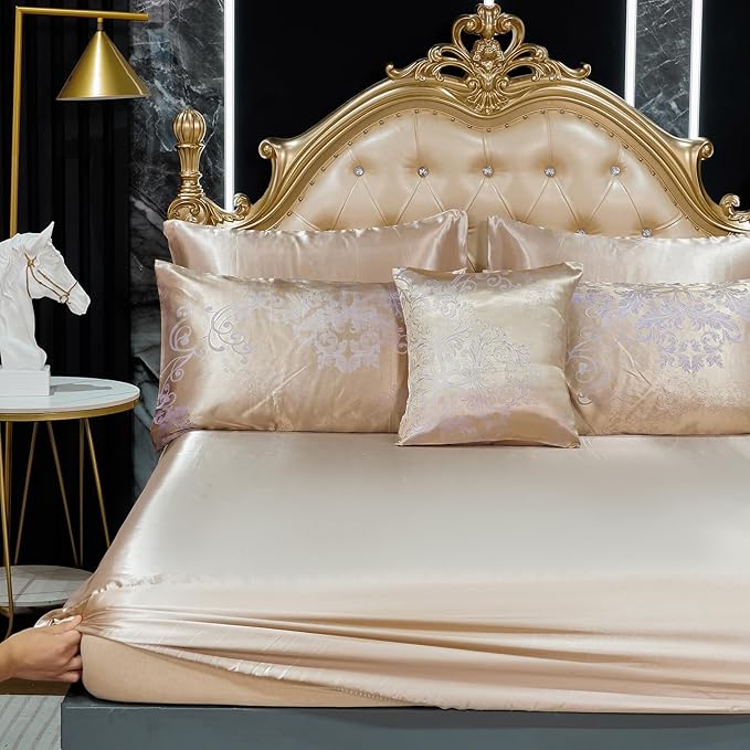 Jacquard Full Comforter Set with Sheet Set Gold Bedding Set 8 Pcs Embroidery Neoclassical Floral Pattern Bed Home Decor Soft Down Comforter Luxury Hotel Silky Bed in a Bag with 1 Cushion Cover
