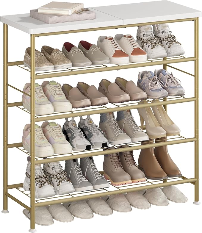 SUOERNUO Shoe Rack Organizer 5 Tier for Closet Entryway Free Standing Metal Storage Shoe Shelf with MDF Top Board，Gold by SUOERNUO