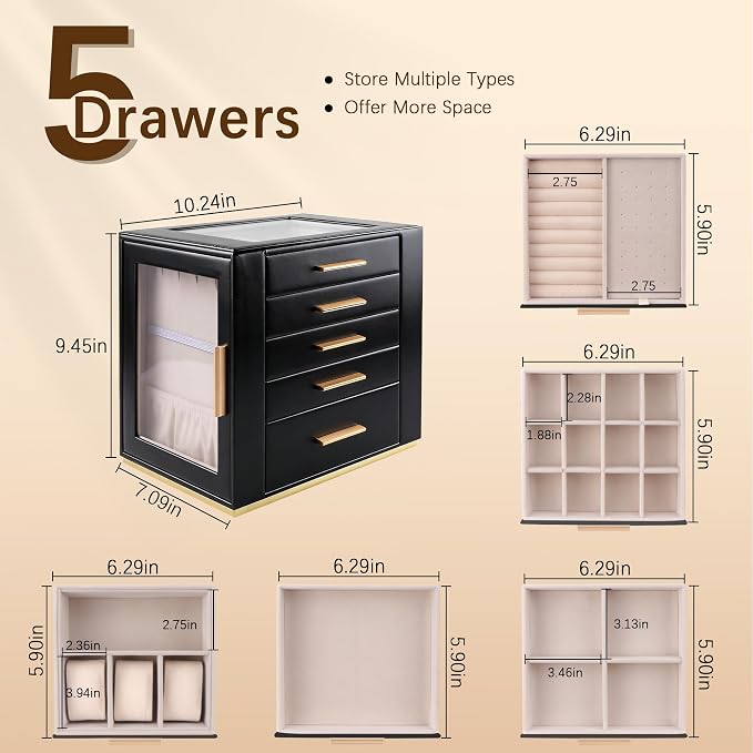 Homeanda Jewelry Box for Women with Glass Lid, 5 Drawers Jewelry Organizer and Storage for Necklaces, Rings, Earrings, Bracelets, Gift for Girls and Teens,PU Leather (Black) - Image 3