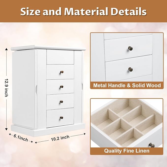 Emfogo Jewelry Box for Women, 5 Layer Large Wood Jewelry Boxes & Organizers for Necklaces Earrings Rings Bracelets, Rustic Jewelry Organizer Box with Rattan, Drawers and Mirror(Vintage White) - Image 7
