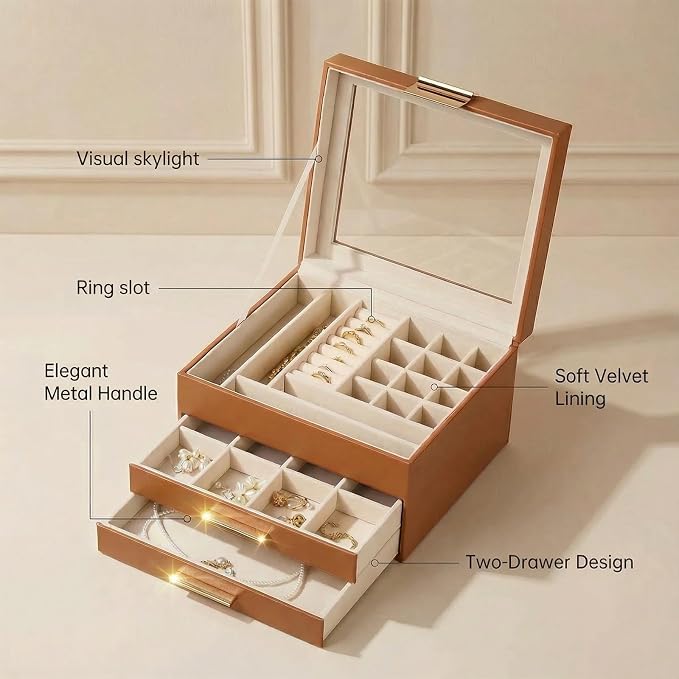 Jewelry Box Organizer with Glass Lid, 3-Layer with Double Drawers, Luxury Velvet Lined Desktop Display Case for Earrings Rings Necklaces, Gift for Women Girls (Brown) - Image 4