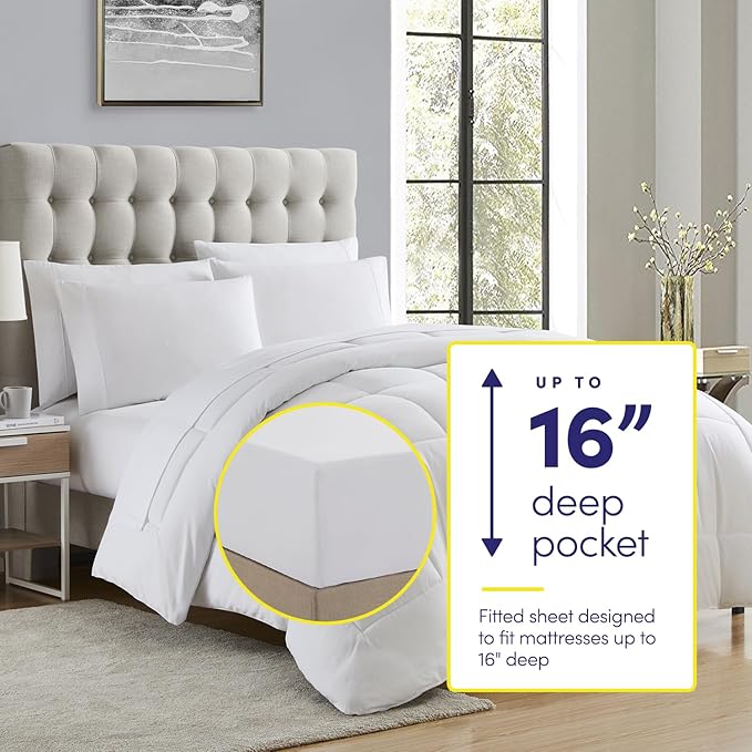 Sweet Home Collection 7 Piece Comforter Set Bag Solid Color All Season Soft Down Alternative Blanket & Luxurious Microfiber Bed Sheets, White, Queen