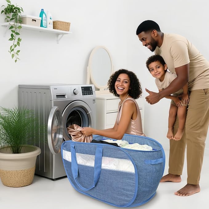 100L Mesh Pop Up Laundry Hampers with Handles, Extra Large Collapsible Laundry Baskets 2 Pack, Portable Travel Laundry Basket, Dirty Clothes Hamper Light Breathable, Bule. 2H - Image 2