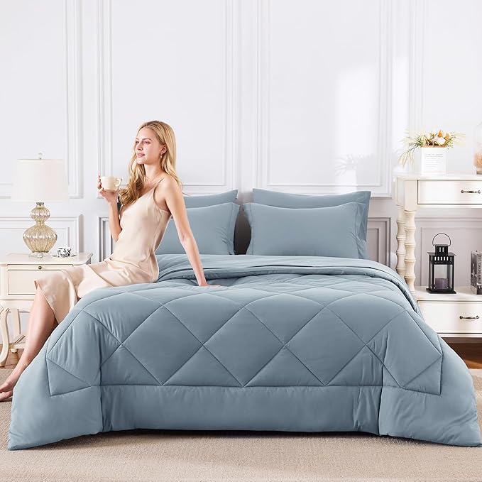CozyLux King Size Comforter Set Dusty Blue - 7 Pieces Bed in a Bag King, Luxury Soft Bed Set for All Seasons, Bedding Set with Down Alternative Comforter, Sheets, Pillowcases & Shams, Grayish Blue