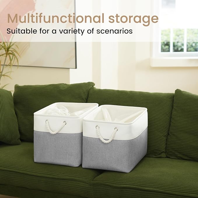 Large Storage Baskets- 16x12x12 inch Storage Bins for Shelves and Closet Organizing, Foldable Fabric Bin for Home Organization Clothes and Laundry (1-Pack, White&Gray) - Image 6