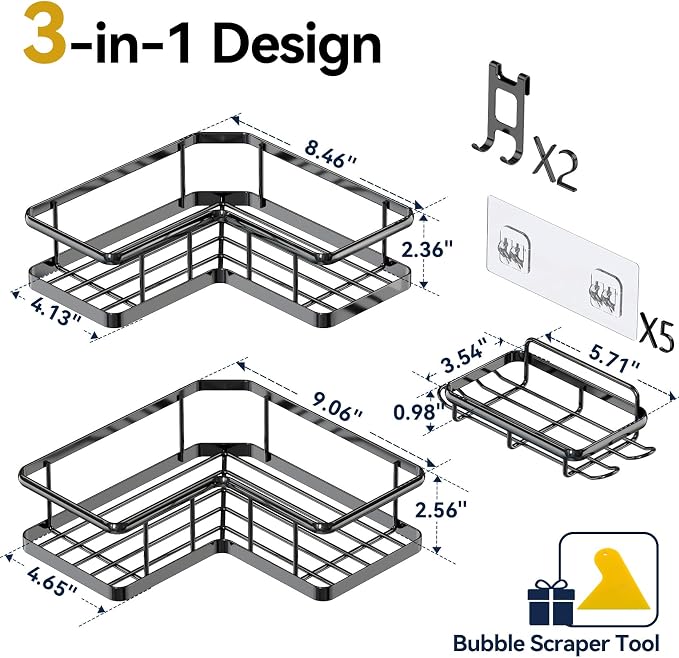 YASONIC Shower Caddy Corner, 3-Pack Adhesive Rustproof Stainless Steel Shower Shelves with Soap Holder, No Drilling Shower Organizer Corner for Dorm, Renters Bathroom, Black - Image 2