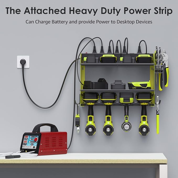 CCCEI Modular Power Tool Organizer Wall Mount with Charging Station. Garage Drill Storage Shelf with Hooks, Heavy Duty Rack, Tool Battery Holder Built in 8 Outlet. Gift for Men. Green, 2 Pack. - Image 3