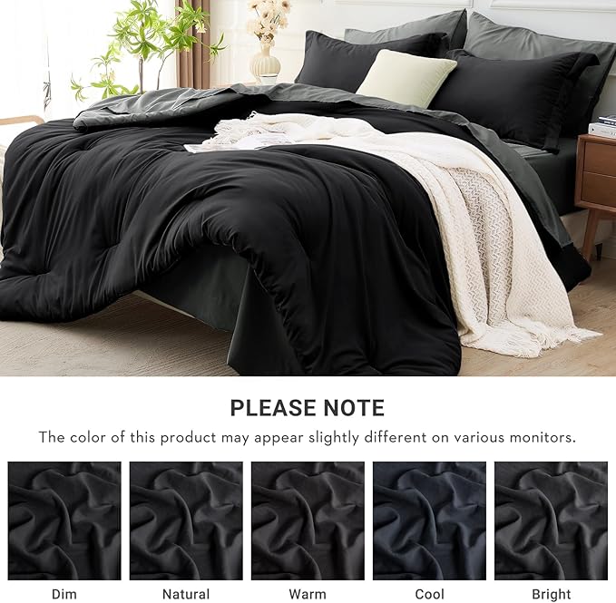 MUXHOMO 7 Pieces Queen Comforter Set, Soft Bed in a Bag Queen Size, All Season Bedding Set with Comforter, Flat Sheet, Fitted Sheet, Pillowcases & Shams, Black & Grey