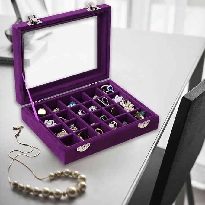 Velvet Jewelry Box 24 Grid Jewelry Earrings Display Organiser Box Ring Tray Holder Earrings Storage Case for Girls Women Wife Mom (Purple) - Image 3