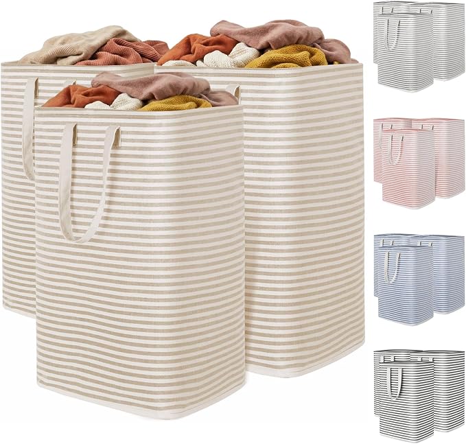 Lifewit 3 Pack Laundry Basket 80L Each, Collapsible Clothes Hamper with Reinforced Handles, Freestanding Waterproof Design for Bedroom and Laundry Room, Beige 240L Total by Lifewit