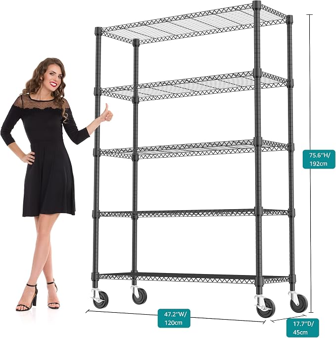 M MZG 1750LBS 47.2" W 5 Tiers Storage Shelves Metal Shelving Unit with Wheels Heavy Duty Garage Shelving Adjustable Wire Shelves for Pantry,Kitchen,Garage,Basement,Black 17.7" D x 47.2" W x 76.8" H - Image 3