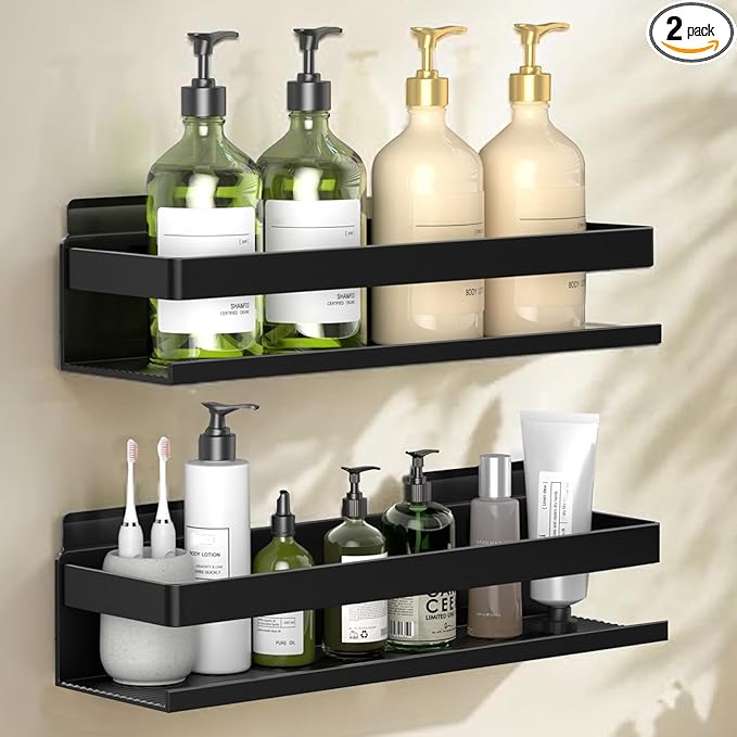 Aluminum Shower Caddy 2-Pack 11.8in, Stick-on Bathroom Rack, Thickened and Sturdy Bathroom Storage Rack wall-Mounted, no Punching and no Drilling Installation Methods(2 Layers 11.8in) by Unknown