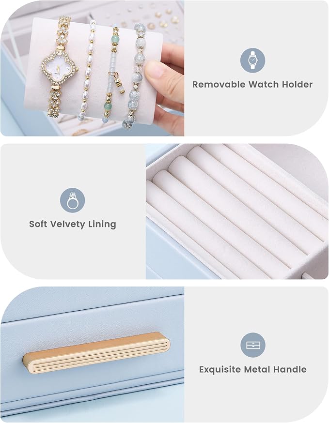 Lolalet 2-Layer Jewelry Box Organizer for Women Girls, Jewelry Storage Case Holder with Drawers for Necklaces Ring Earrings Bracelet Watch, Gifts Choice for Mom Mother’s Day -Blue - Image 5