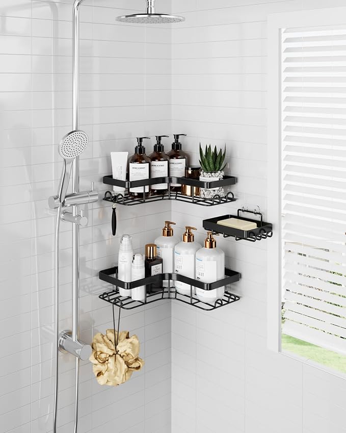 Sakugi Corner Shower Caddy - 3-Pack Shower Organizer with Soap Holder & Built-In Hooks, Rustproof Metal Shower Shelves, Laundry, Kitchen, Bathroom Organizers and Storage Solution, Large, Black - Image 2