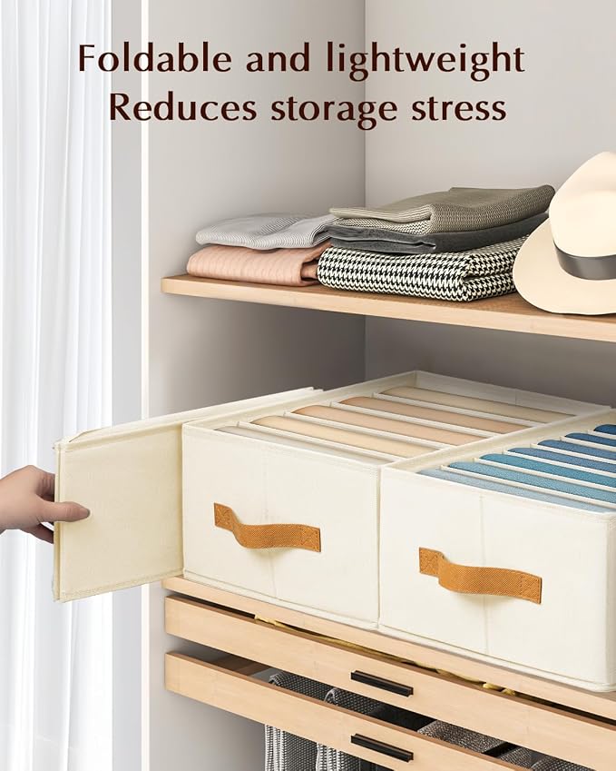 Homsorout Clothes Organizers and Storage - 4/5/7 Grids Fabric Jeans Organizer with Handles, Foldable Closet Organizers Dividers, Wardrobe organizer for Pant, Sweater, T-shirt, Scarf, 6 Pack, Beige - Image 5