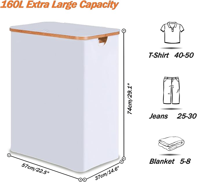 efluky Laundry Hamper with Lid, Double Laundry Hamper with 2 Removable Bags, 2 Section Laundry Basket with Bamboo Handles for Bathroom, Bedroom & Laundry Room (White, 160L Trio) - Image 2
