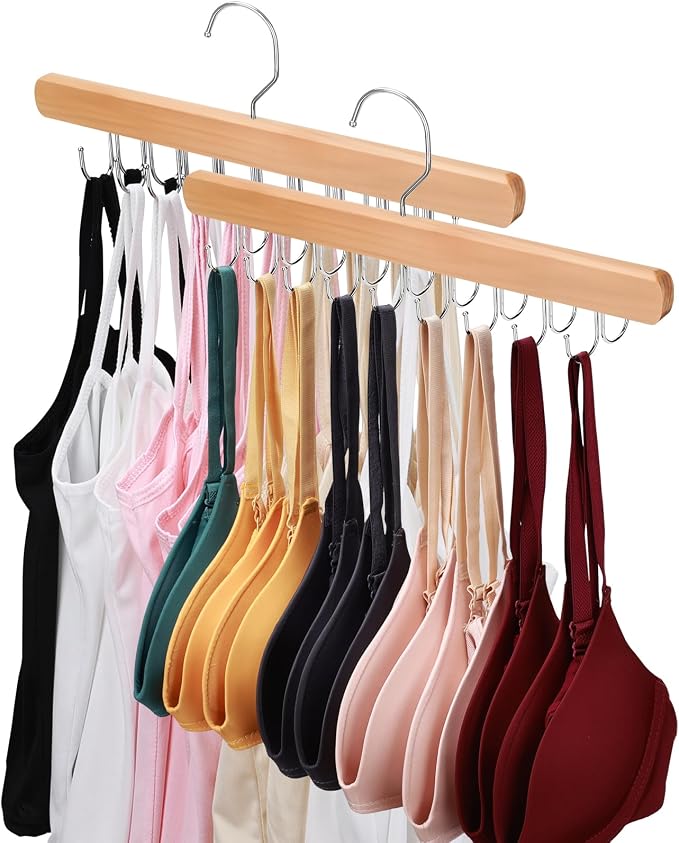 NECAMOCU 2 Pack Bra Hanger for Closet Organizer, Premium Wooden Tank Top Hangers with 36 Foldable Hooks, 360° Rotating Design, Space Saving Storage for Tank Tops, Bras, Scarves and More by NECAMOCU