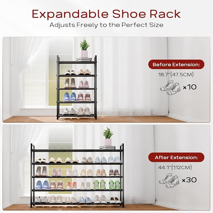 Bumusty 5-Tier Long Expandable Shoe Rack for Closet, 18"-44" Adjustable Shoe Rack for Entryway, 25-30 Pairs Large Shoe Organizer Shelf Storage, Sturdy Metal, Black - Image 3