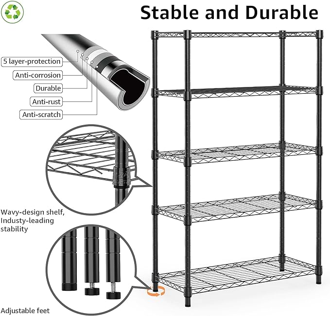 M MZG 1250 lbs Storage Shelving Utility Shelving Unit 5-Tier Utility Shelving Unit Steel Organizer Wire Rack for Home,Kitchen,Office (13.7" D x 23.6" W x 62.4" H) - Image 4