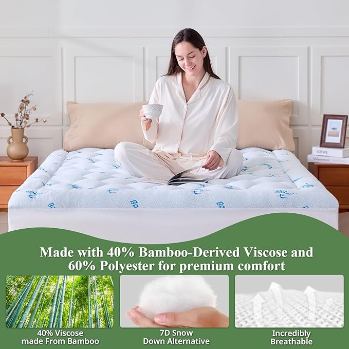 Full Mattress Topper, Viscose Derived from Bamboo Thick Pillow Top Mattress Pad with Deep Pocket, Naturally Cooling for Hot Sleepers, Soft for Back Pain Relief, Blue