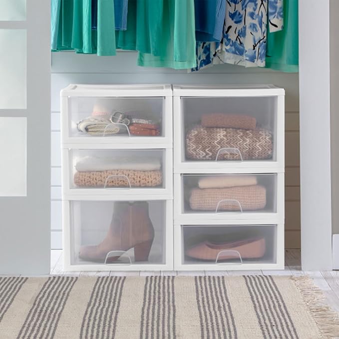 Sterilite 4-Pack Stacking Drawer, Clear Storage Organizer Containers, 27 Quart, White Frame - Stackable and Modular Plastic Drawers for Shoes, Clothes, Accessories, Supplies, Bedding, and Linens - Image 2