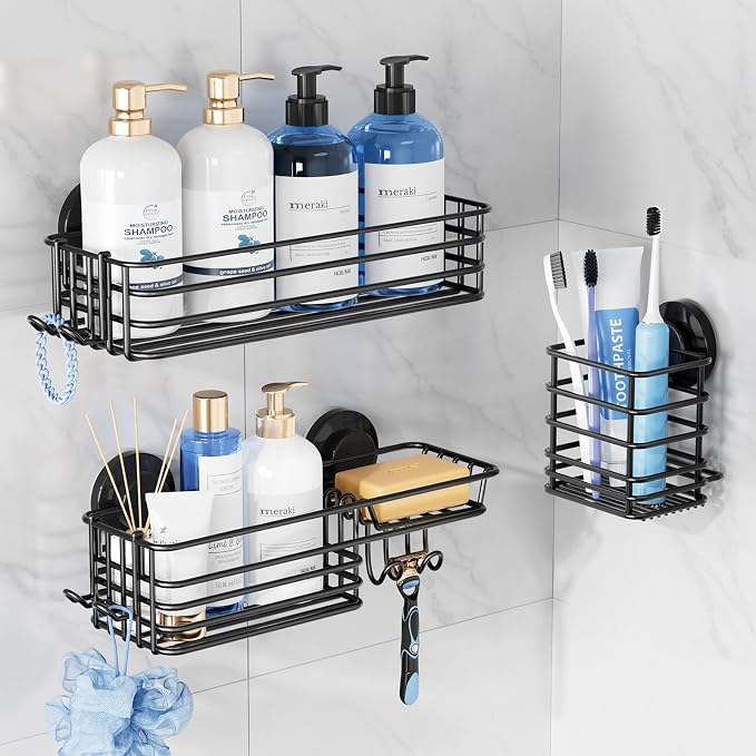 TAILI Shower Caddy Suction Cup, 3 Pack Shelves for Inside with Hooks & Soap holder Toothbrush Cups, Removable Bathroom Organizer, Rustproof Black Holder Storage-Black by TAILI