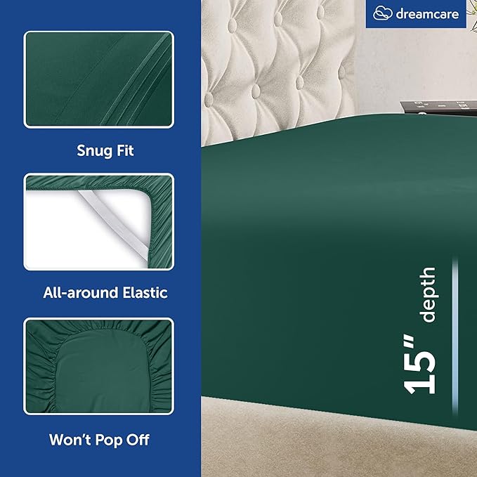 DREAMCARE Queen Sheet Set - 6 pcs Breathable Cooling Bed Sheets - up to 15" Deep Pocket Queen Sheets Set with Side Pockets - Extra Soft 100% Brushed Hypoallergenic Hotel Luxury Bedding - E Green
