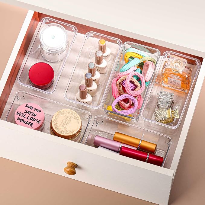 Ohlove 6Pcs Clear Plastic Drawer Organizers Tray 6" x 3" Storage Bins with 25Pcs Non-slip Pads for Makeup, Jewelries, Kitchen Utensils, Bathroom and Office - Image 3