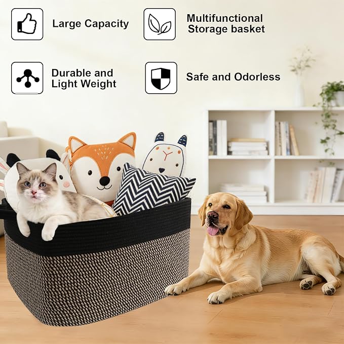 96L Large Blanket Basket,24"x16"x15"Rectangle Storage Bin with Handles,Woven Rope Laundry Basket for Toys, Clothes,Magazines,Home Organization,Nursery,Living Room & Bedroom,Black&Jute - Image 9