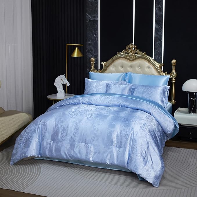 Blue Comforter King Jacquard Bedding with Baby Blue Satin Sheet Set 8 Pcs Royal Embroidery Neoclassical Floral Home Decor Soft Luxury Hotel Bed in a Bag with 1 Cushion Cover