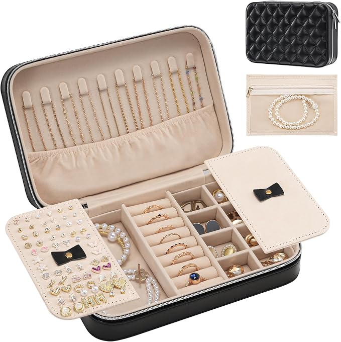 Lolalet Travel Jewelry Case for Women Girls, Travel Jewelry Organizer Box with Mirror & Clear Storage Bag, Small Portable Earring Necklace Bracelet Ring Case, Birthday Valentine Gifts -Medium, Black by Lolalet