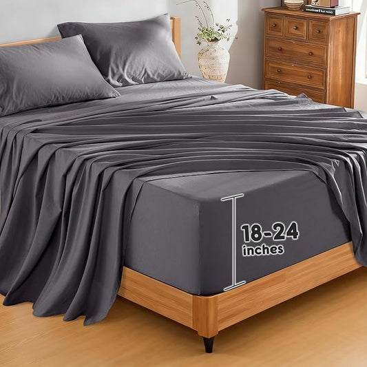 SONORO KATE 100% French Pure Linen Sheets, Extra Deep Pocket up to 18"-24", Breathable and Durable Linen Sheets, Anti-Tear Linen Bed Sheets, Machine Washable - 4 Piece (Dark Grey, Queen(24" deep))