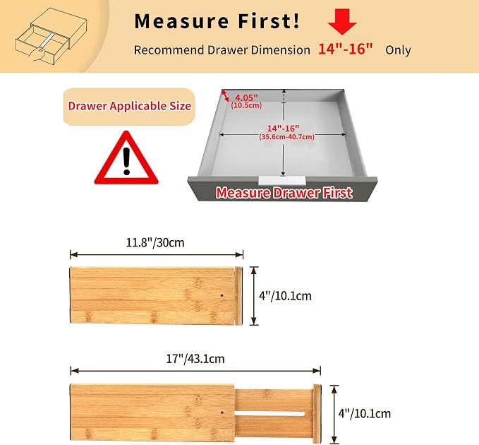 Utoplike Bamboo Dresser Drawer Dividers, 4'' High Adjustable Drawer Organizers for Clothing, Spring Loaded, Works in Kitchen, Bathroom, Bedroom, Drawer, Desk, 4 pcs - Image 3