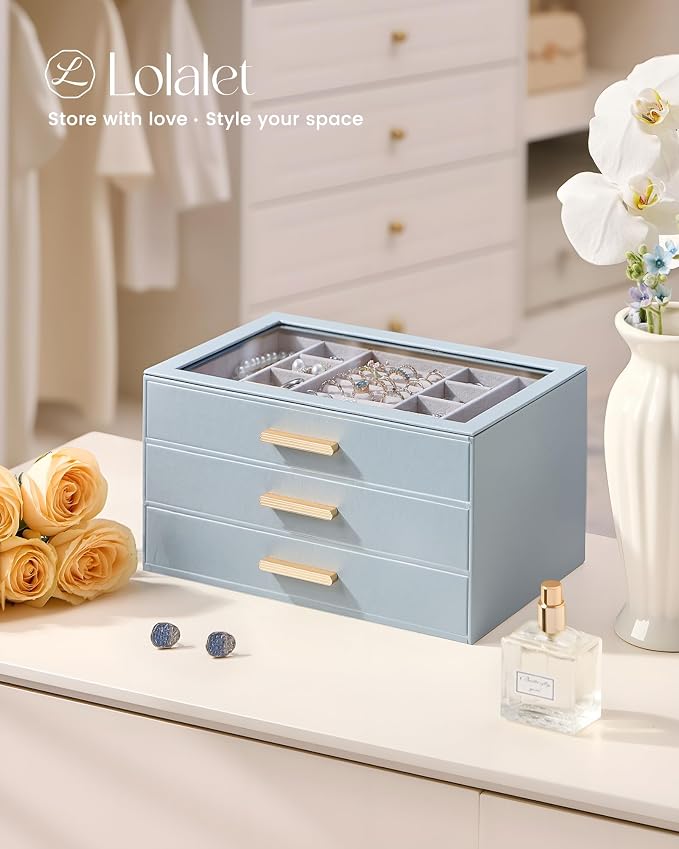 Lolalet Jewelry Box Organizer, 3-Layer Jewelry Organizers and Storage Case with Glass Lid, Ring Earring Bracelet Necklace Holder Organizer, Birthday Valentine Gifts for Women Girls -3Layer, HazeBlue - Image 7