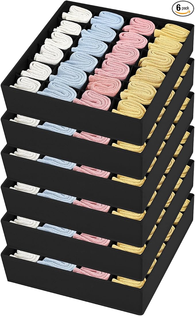 Joyoldelf Sock Organizer Drawer Organizer - Underwear Organizer, 24 Cell Collapsible Closet Organizers and Storage Sock Holders Organizers for Storing Socks, Ties, Belts 6 Pack Black by APPRECIATELIFERELAXYOURSOUL