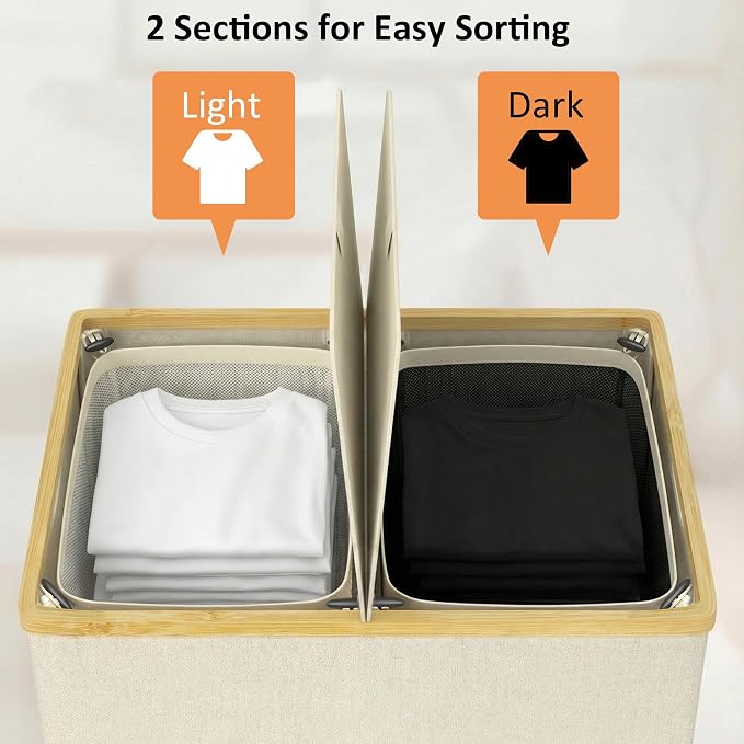 efluky Laundry Hamper with Lid, Double Laundry Hamper with 2 Removable Bags, 2 Section Laundry Basket with Bamboo Handles for Bathroom, Bedroom & Laundry Room, 140L (36.9 Gallon) Beige - Image 3