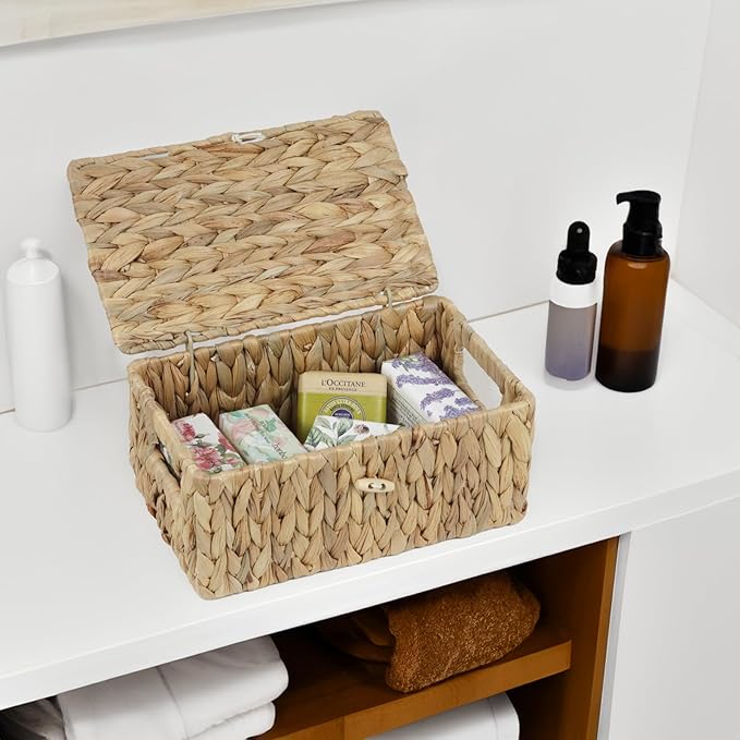 Small Wicker Basket with Lid, Natural Water Hyacinth Storage Baskets for Organizing, Rectangular Woven Basket for Storage, Decorative Boxes Bins with Lids and Built-in Handles (10.2" x 6.3" x 3.9") - Image 5