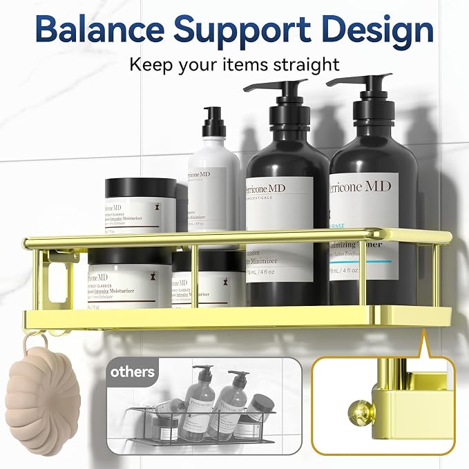 YASONIC Shower Caddy Adhesive, No Drill Bathroom Shower Organizers, with Removable Hooks and Soap Holder, Rust Proof Shower Shelves, Wall-Mounted Shower Holder, 3 Pack, Gold - Image 6