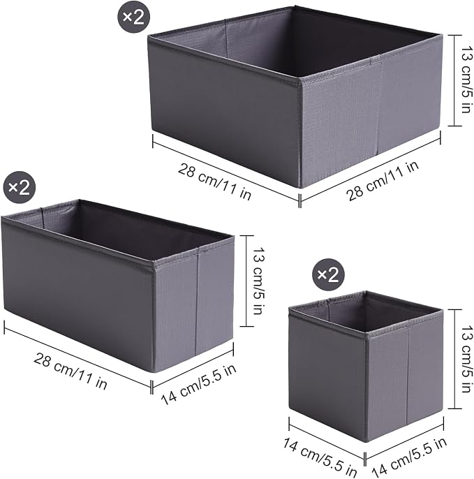 TYEERS Drawer Organizers, Durable Fabric, Washable, with Base Support Boards, Small Storage Boxes for Bathroom, Closet, Dresser, Set of 6, Dark Grey - Image 2