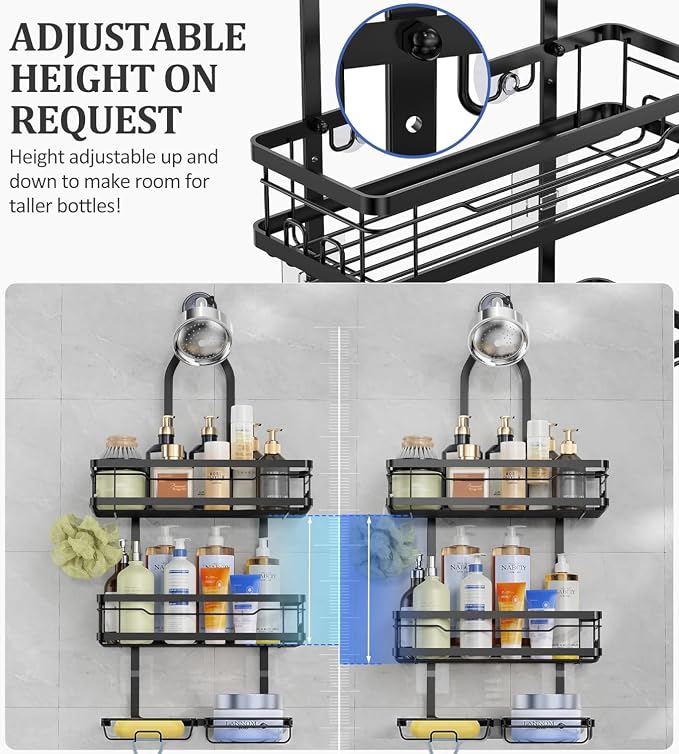 OMAIRA Shower Caddy Hanging Over the Shower Head - Rustproof Shower Organizer Hanging with Soap Scrub Holder, Non-Slip Stainless Steel Bathroom Storage Rack & Shelves, No Drilling, Black - Image 3