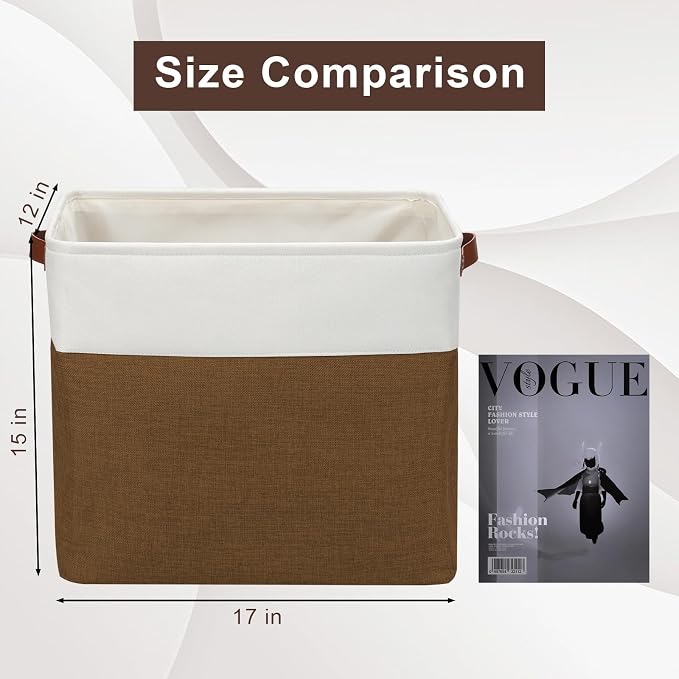 Bagnizer Large Fabric Storage Baskets | 50L Storage Bins, Decorative Linen Closet Baskets with Handles for Organizing, Shelf, Toys, Clothes, Home, Office, Nursery, 17x12x15Inches (Brown&White) - Image 3