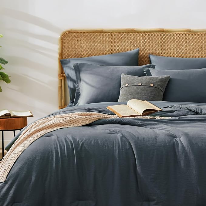 WRENSONGE King Size Comforter Set- 7 Pieces Blue Grey Bed in a Bag King with Fitted Sheet, Flat Sheet, 2 Pillow Shams, and 2 Pillowcases-Warm King Bedding Set for All Season