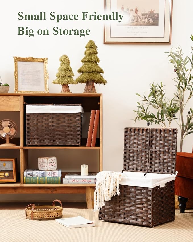 SETVSON Storage Basket with Lid Woven Wicker Baskets with 2 Separate Lid, 9.2 Gallon (35 L) Wicker Storage Bins with Handles, Foldable and 2 Removable Liner Bags for Bedroom, Laundry Room Brown - Image 6