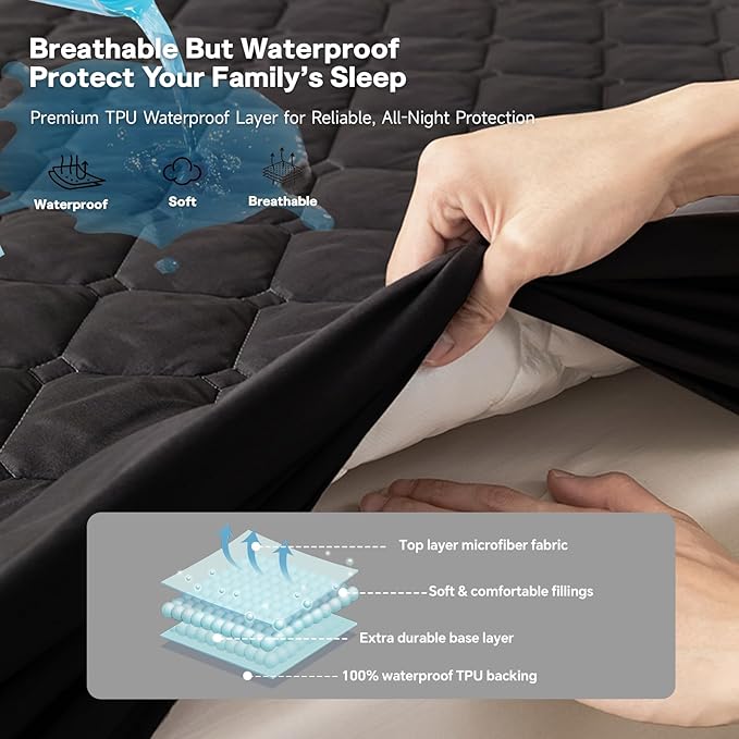 Twin Mattress Protector Waterproof, 18” Deep Pocket Fitted Mattress Topper+2pcs Pillow Cases - Leakproof, Oeko-TEX Certified, Breathable & Noiseless,Machine Washable (Black)