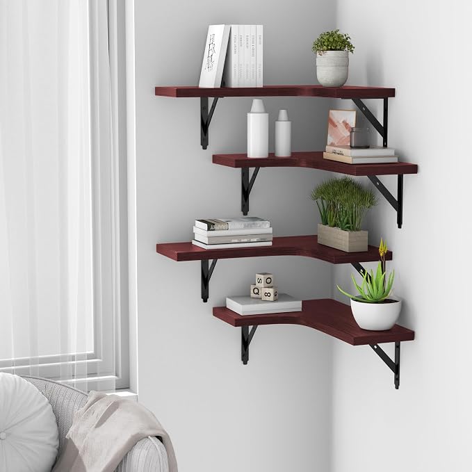 ROMGUAR CRAFT Corner Floating Shelves Wall Mounted Set of 4, Rustic Wood Storage Display Shelves for Home Decor, Bathroom, Kitchen, Bedroom, Living Room, Office (Red) - Image 5